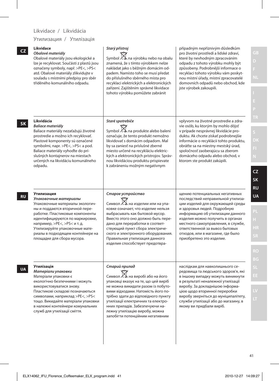 Утилізація, Утилизация, Likvidace | Likvidácia | Electrolux EKF5220 User Manual | Page 41 / 72