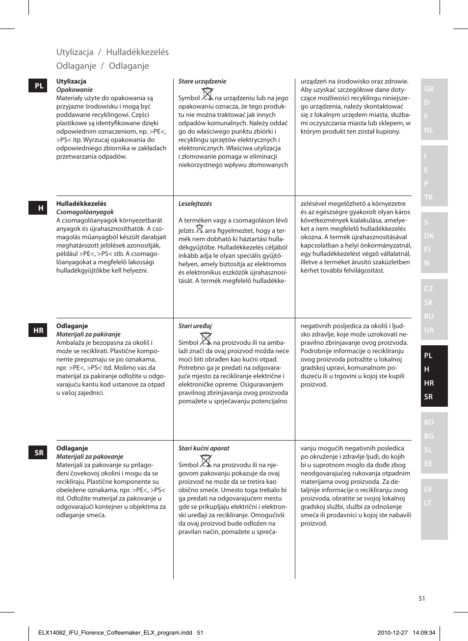 Odlaganje, Utylizacja, Hulladékkezelés | Electrolux EKF5220 User Manual | Page 51 / 72