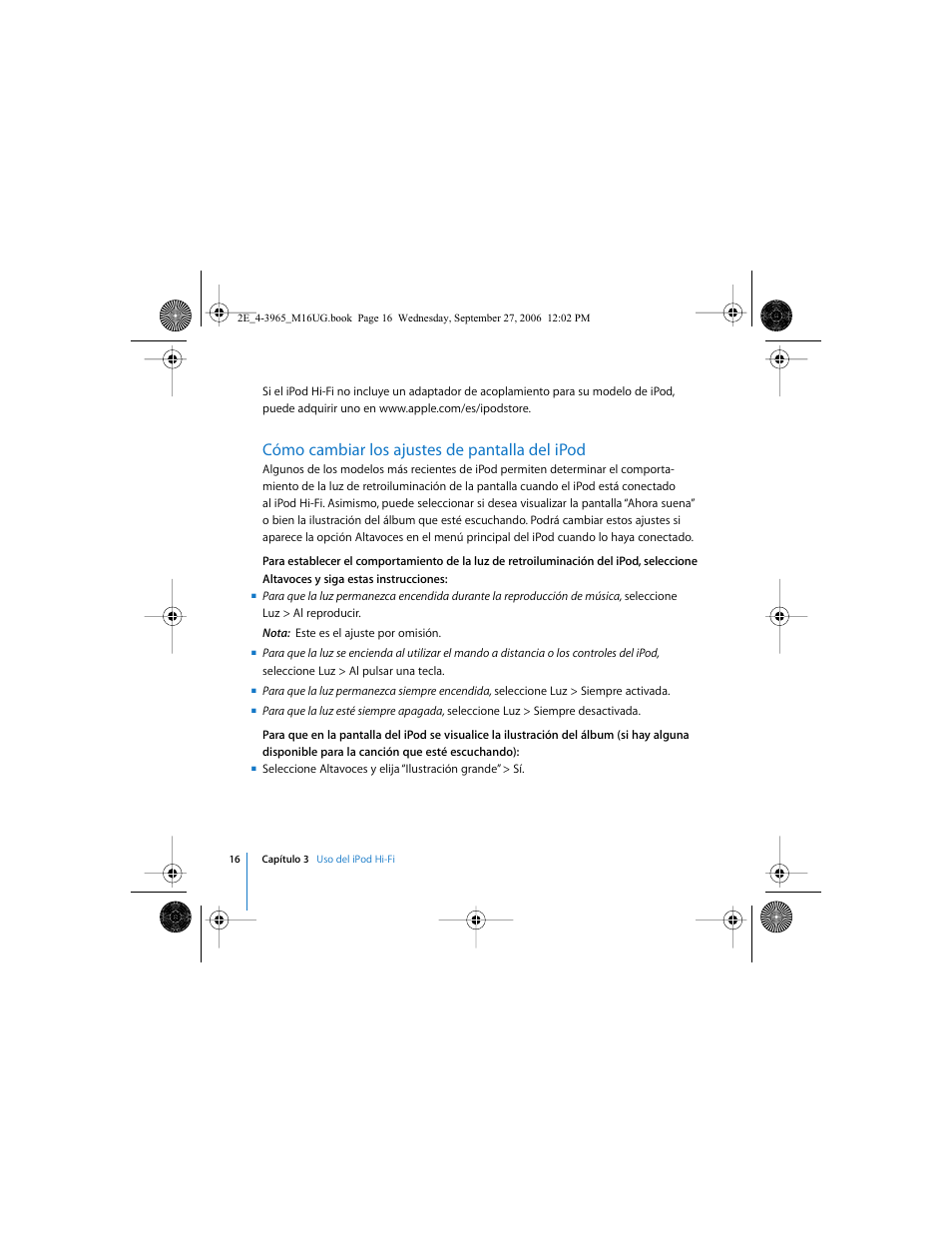 Cómo cambiar los ajustes de pantalla del ipod | Apple iPod Hi-Fi User Manual | Page 16 / 102