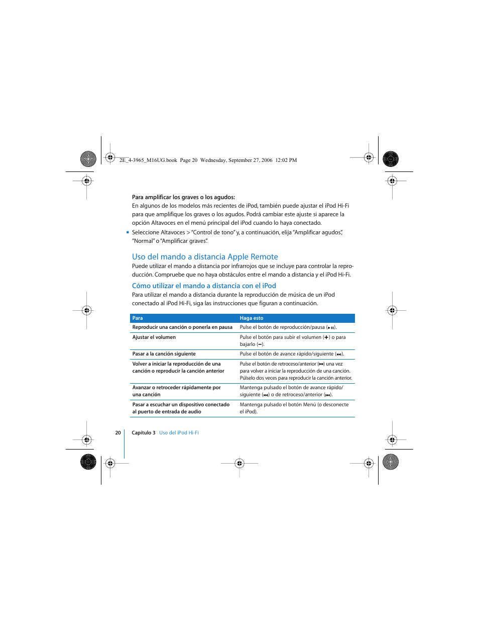 Uso del mando a distancia apple remote | Apple iPod Hi-Fi User Manual | Page 20 / 102