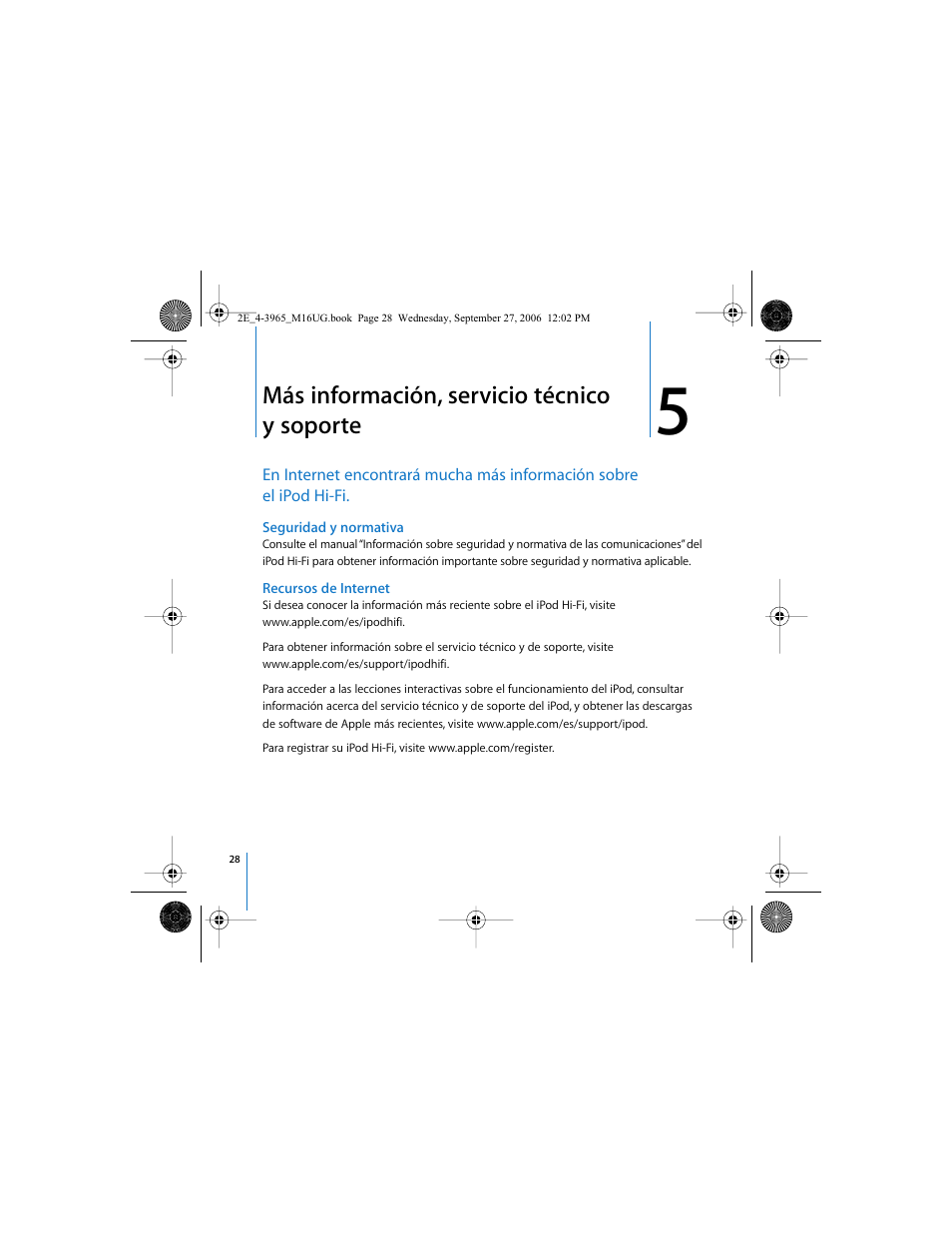 Más información, servicio técnico y soporte | Apple iPod Hi-Fi User Manual | Page 28 / 102
