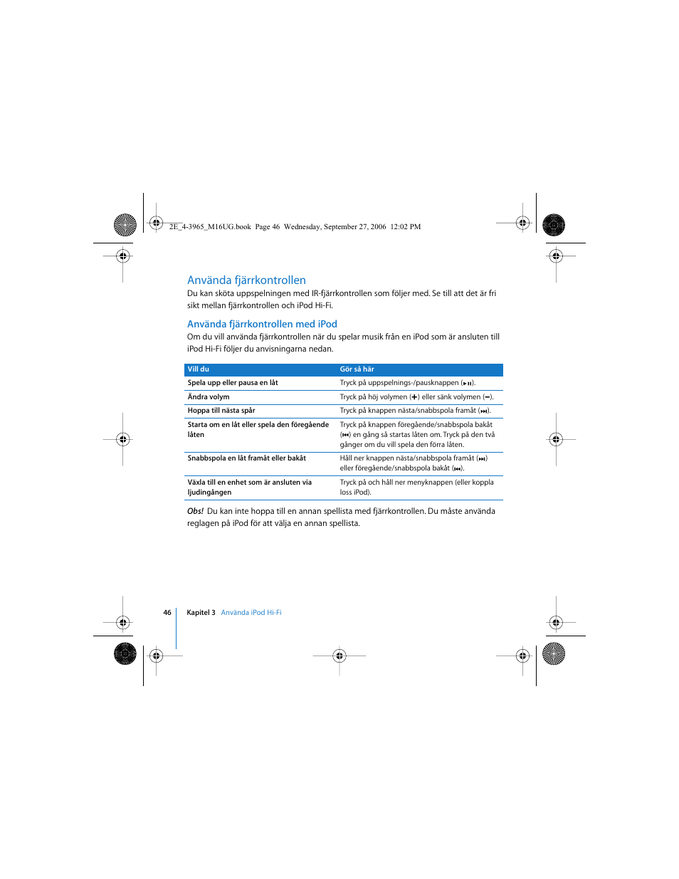 Använda fjärrkontrollen | Apple iPod Hi-Fi User Manual | Page 46 / 102