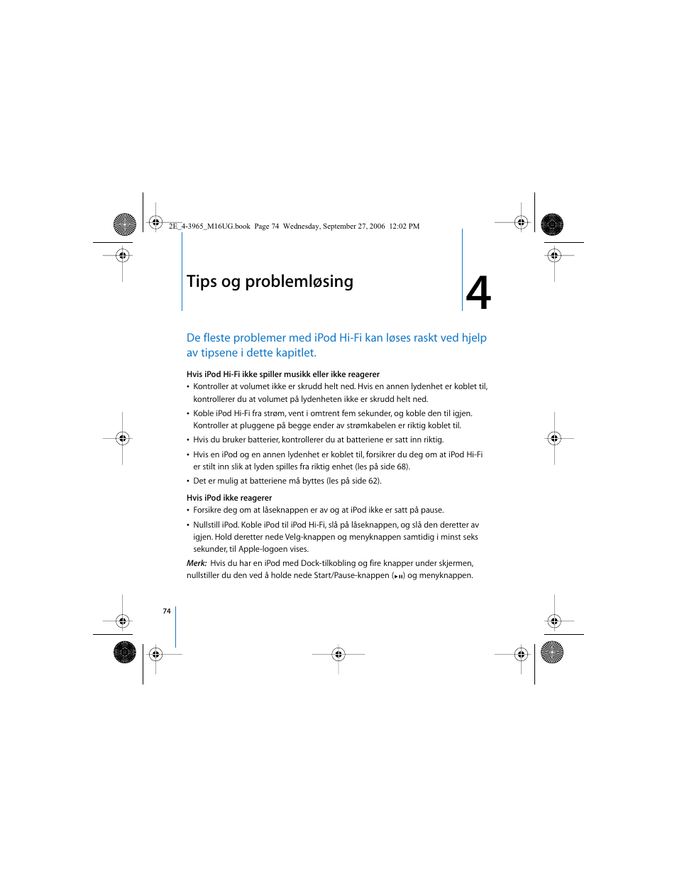 Tips og problemløsing | Apple iPod Hi-Fi User Manual | Page 74 / 102