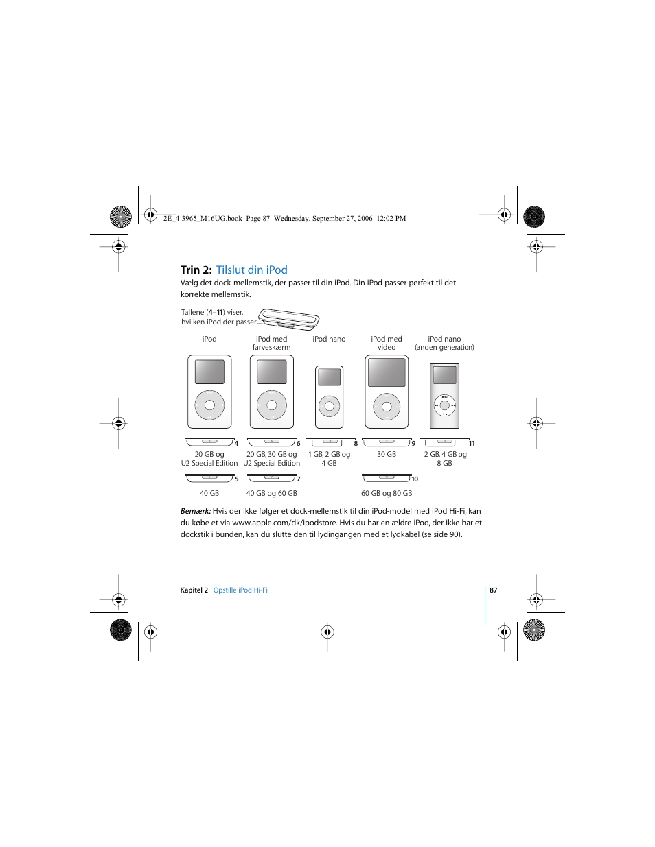 Trin 2: tilslut din ipod | Apple iPod Hi-Fi User Manual | Page 87 / 102