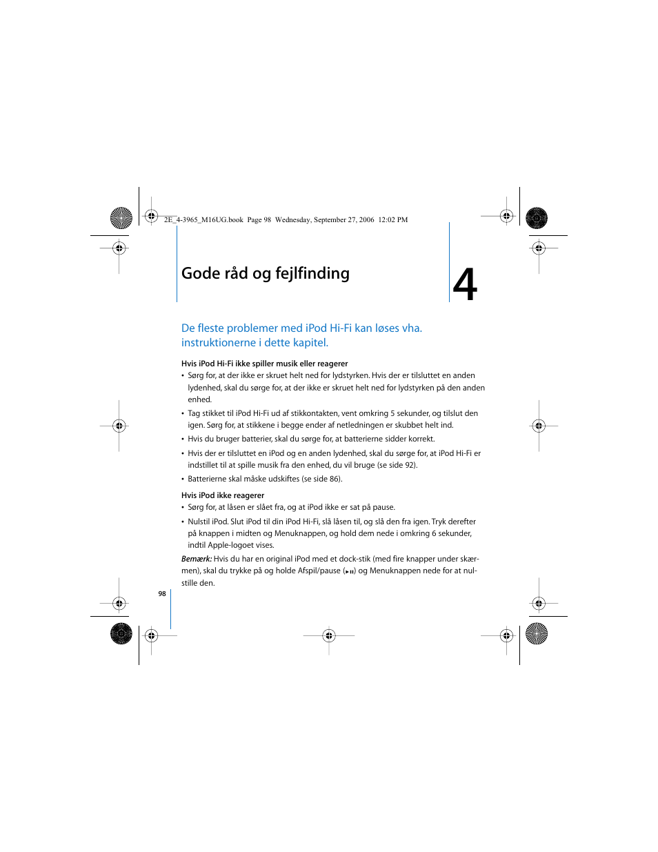 Gode råd og fejlfinding | Apple iPod Hi-Fi User Manual | Page 98 / 102