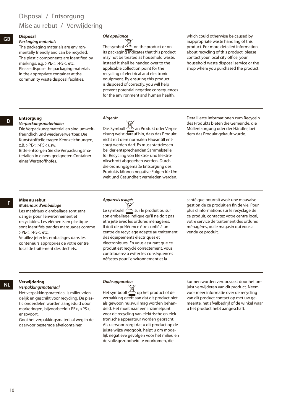 Disposal / entsorgung, Mise au rebut, Verwijdering | Electrolux EEWA7100R User Manual | Page 10 / 60