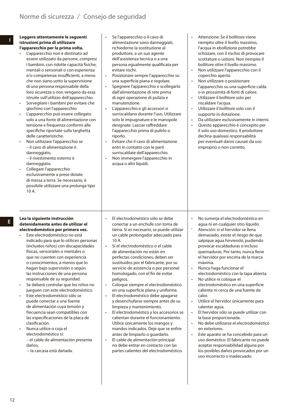 Norme di sicurezza / consejo de seguridad | Electrolux EEWA7100R User Manual | Page 12 / 60
