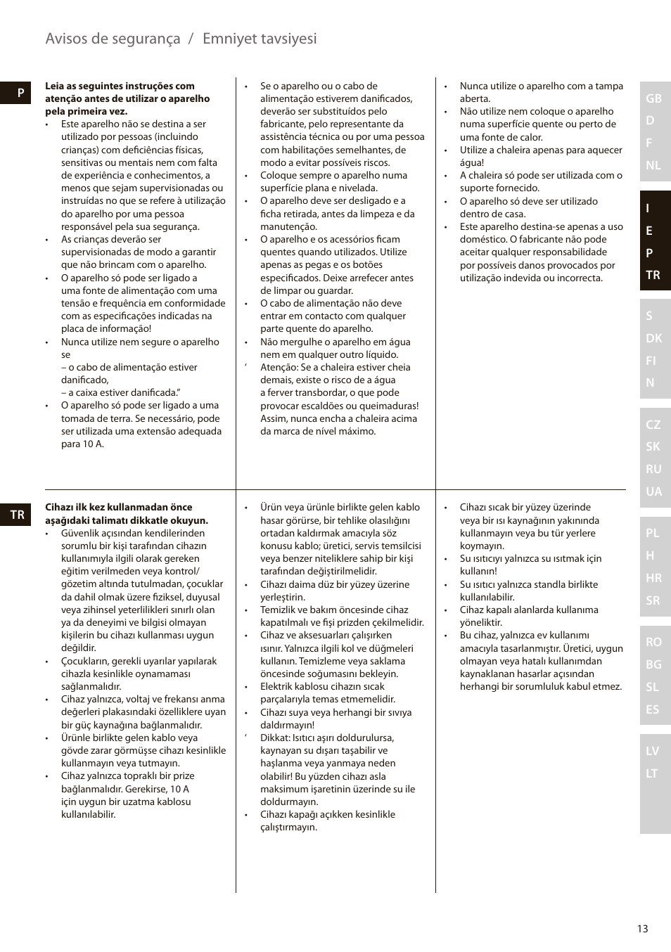 Avisos de segurança / emniyet tavsiyesi | Electrolux EEWA7100R User Manual | Page 13 / 60