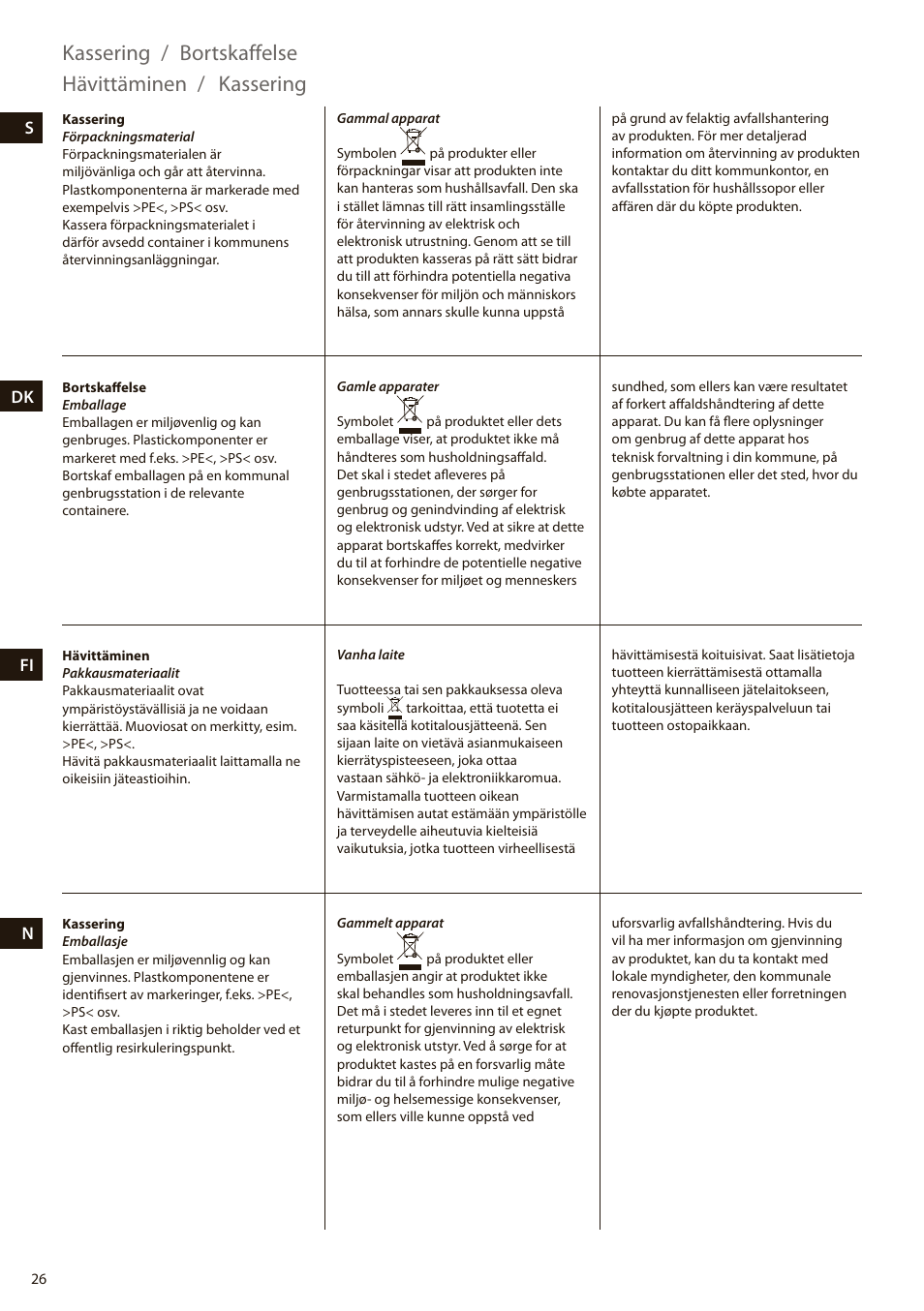 Kassering, Bortskaffelse, Hävittäminen | Electrolux EEWA7100R User Manual | Page 26 / 60