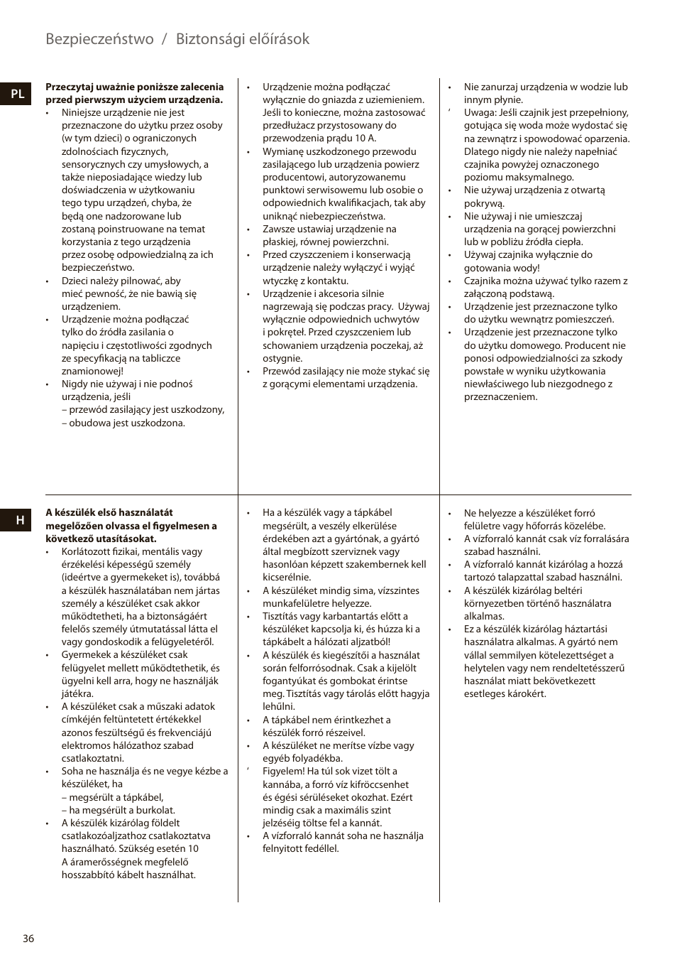 Bezpieczeństwo / biztonsági előírások, Pl h | Electrolux EEWA7100R User Manual | Page 36 / 60