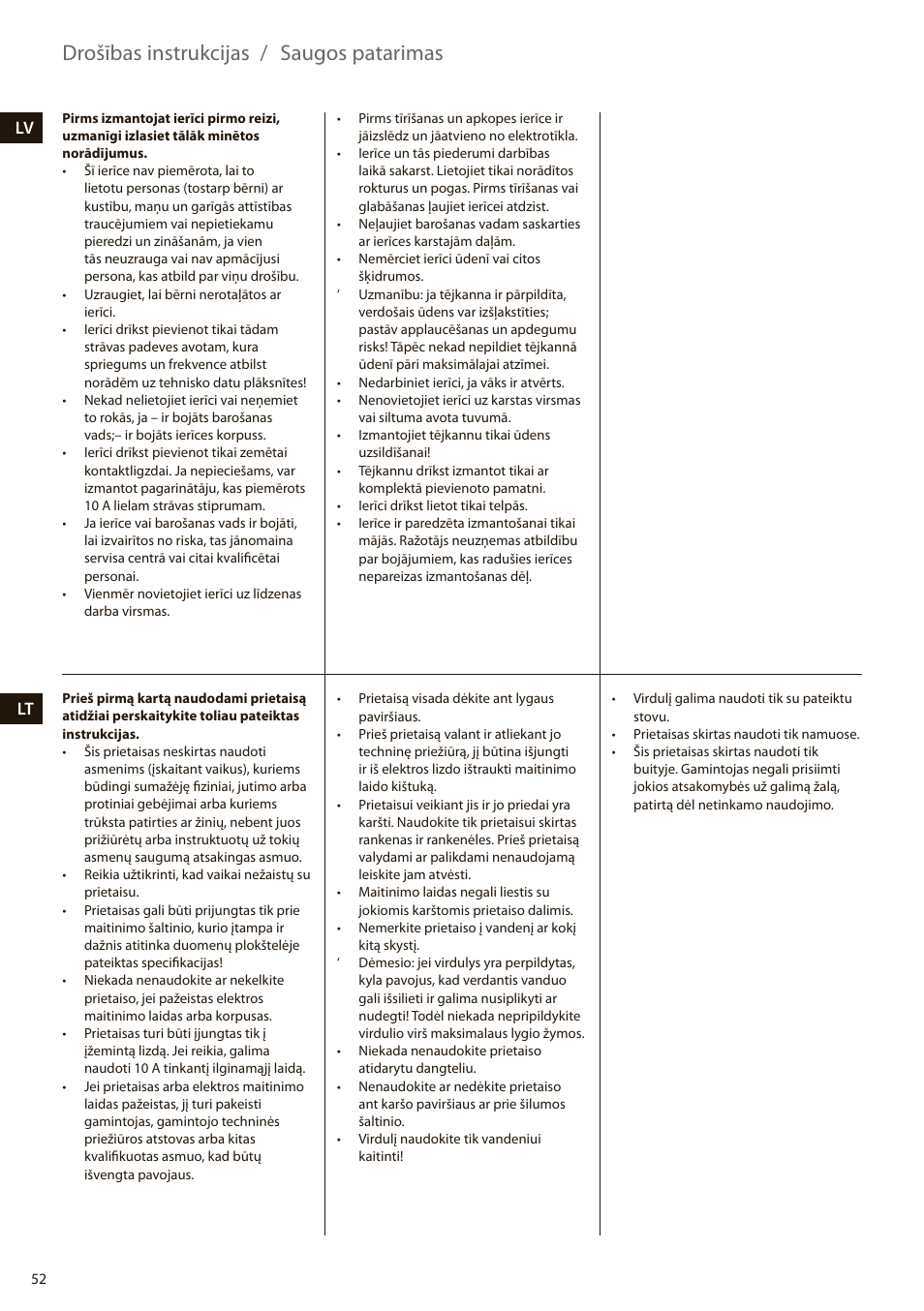 Drošības instrukcijas / saugos patarimas, Lv lt | Electrolux EEWA7100R User Manual | Page 52 / 60