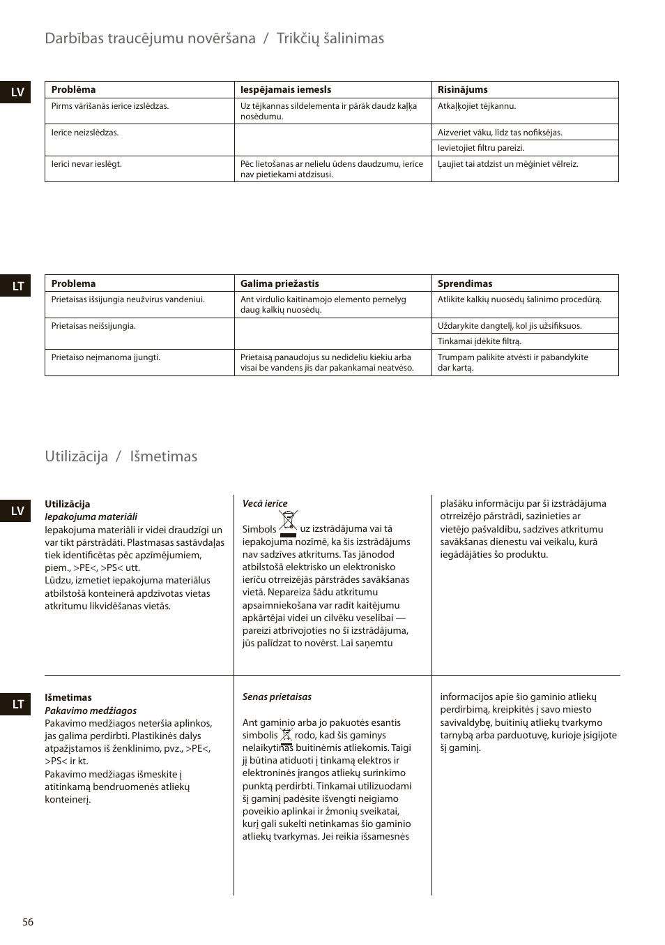 Darbības traucējumu novēršana, Utilizācija / trikčių šalinimas, Išmetimas | Electrolux EEWA7100R User Manual | Page 56 / 60