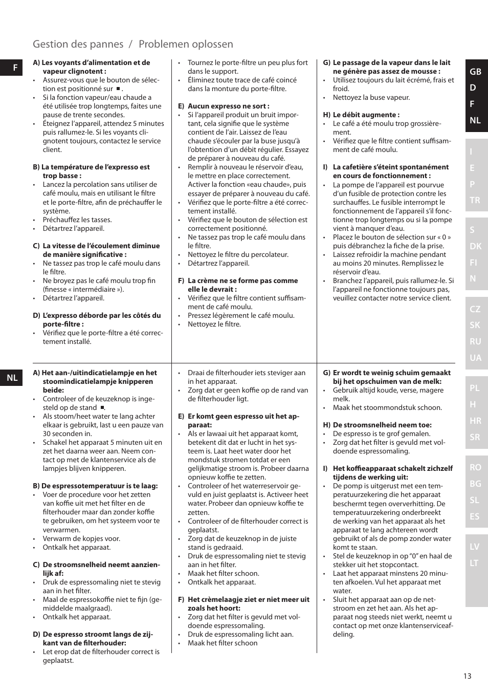 Gestion des pannes, Problemen oplossen | Electrolux EEA255 User Manual | Page 13 / 88