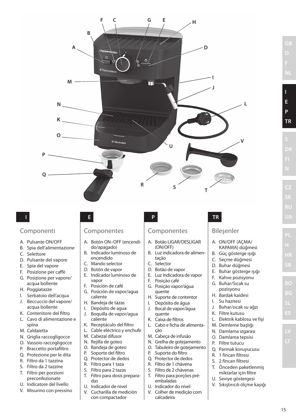 Componenti, Componentes, Bileşenler | Electrolux EEA255 User Manual | Page 15 / 88