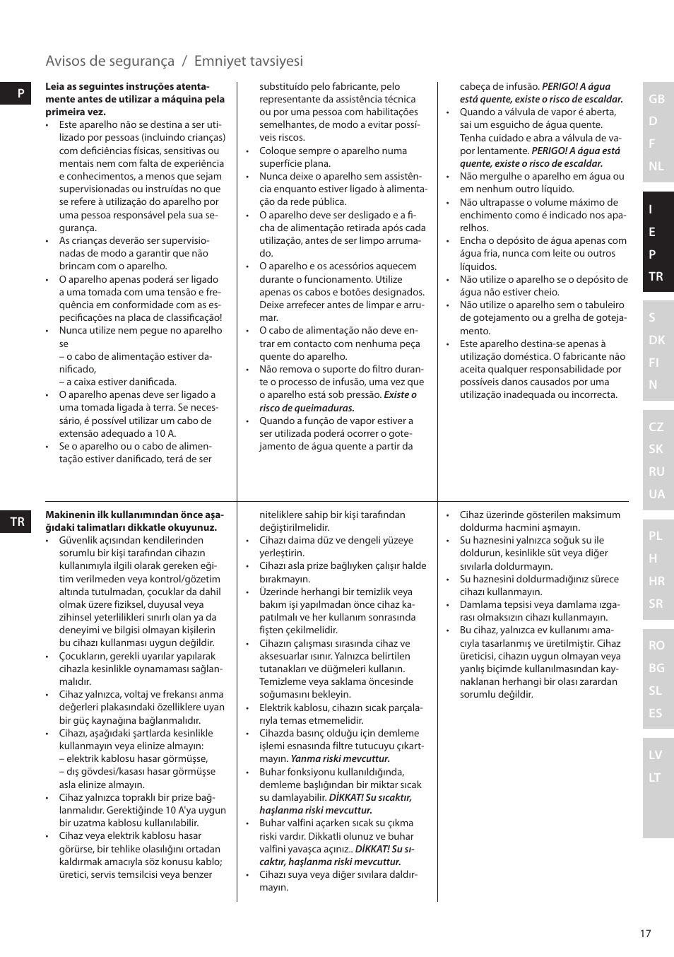 Avisos de segurança, Emniyet tavsiyesi | Electrolux EEA255 User Manual | Page 17 / 88