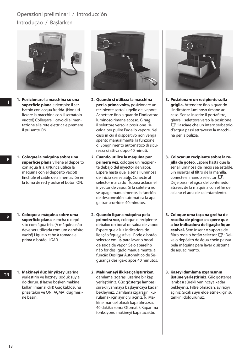 Operazioni preliminari, Introducción, Introdução | Başlarken | Electrolux EEA255 User Manual | Page 18 / 88