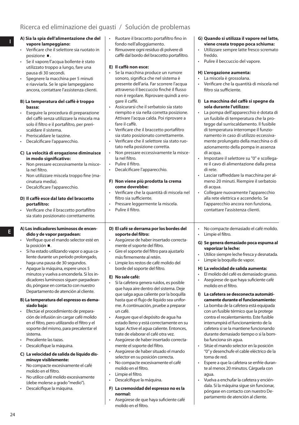 Ricerca ed eliminazione dei guasti, Solución de problemas | Electrolux EEA255 User Manual | Page 24 / 88