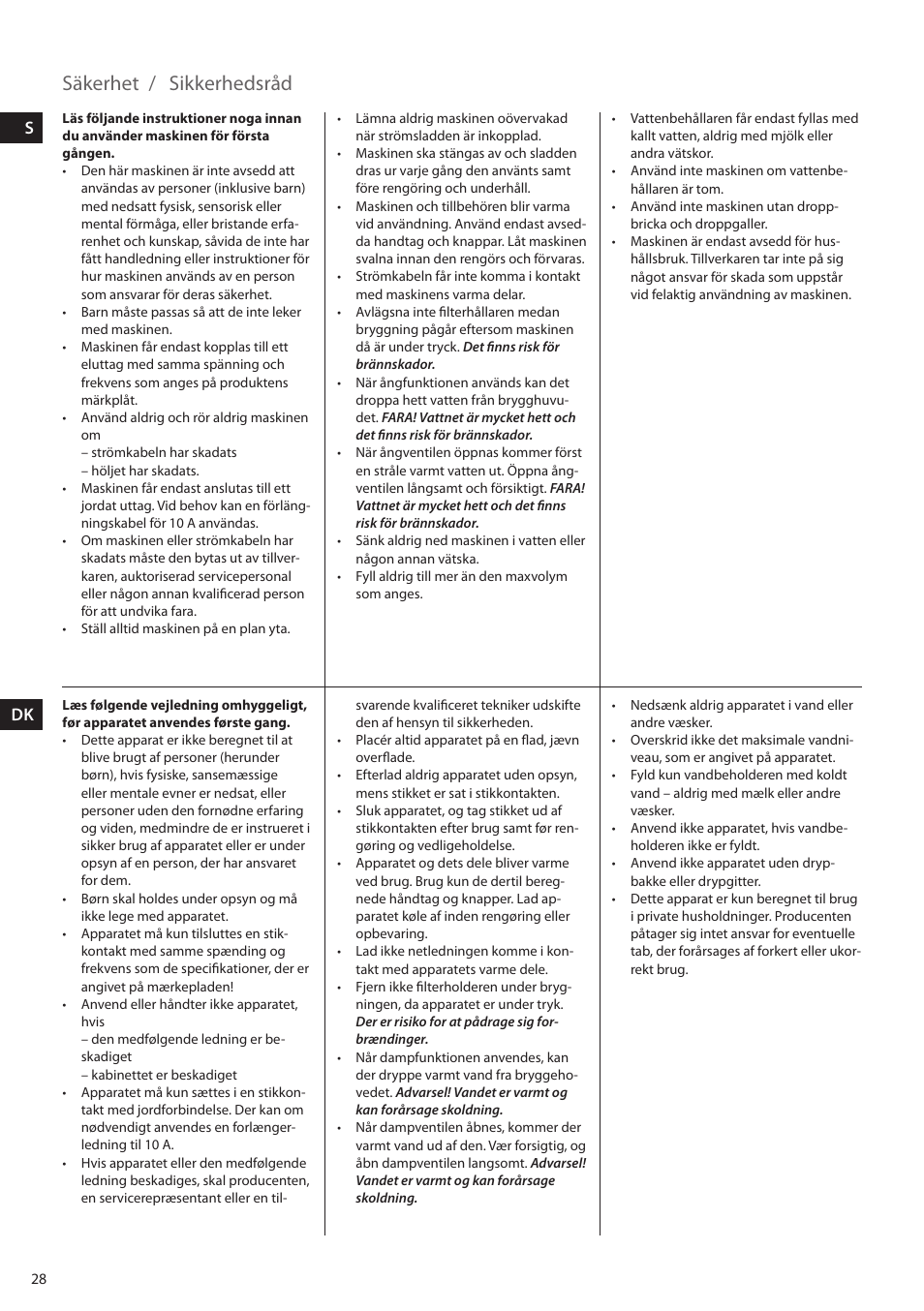 Säkerhet, Sikkerhedsråd | Electrolux EEA255 User Manual | Page 28 / 88