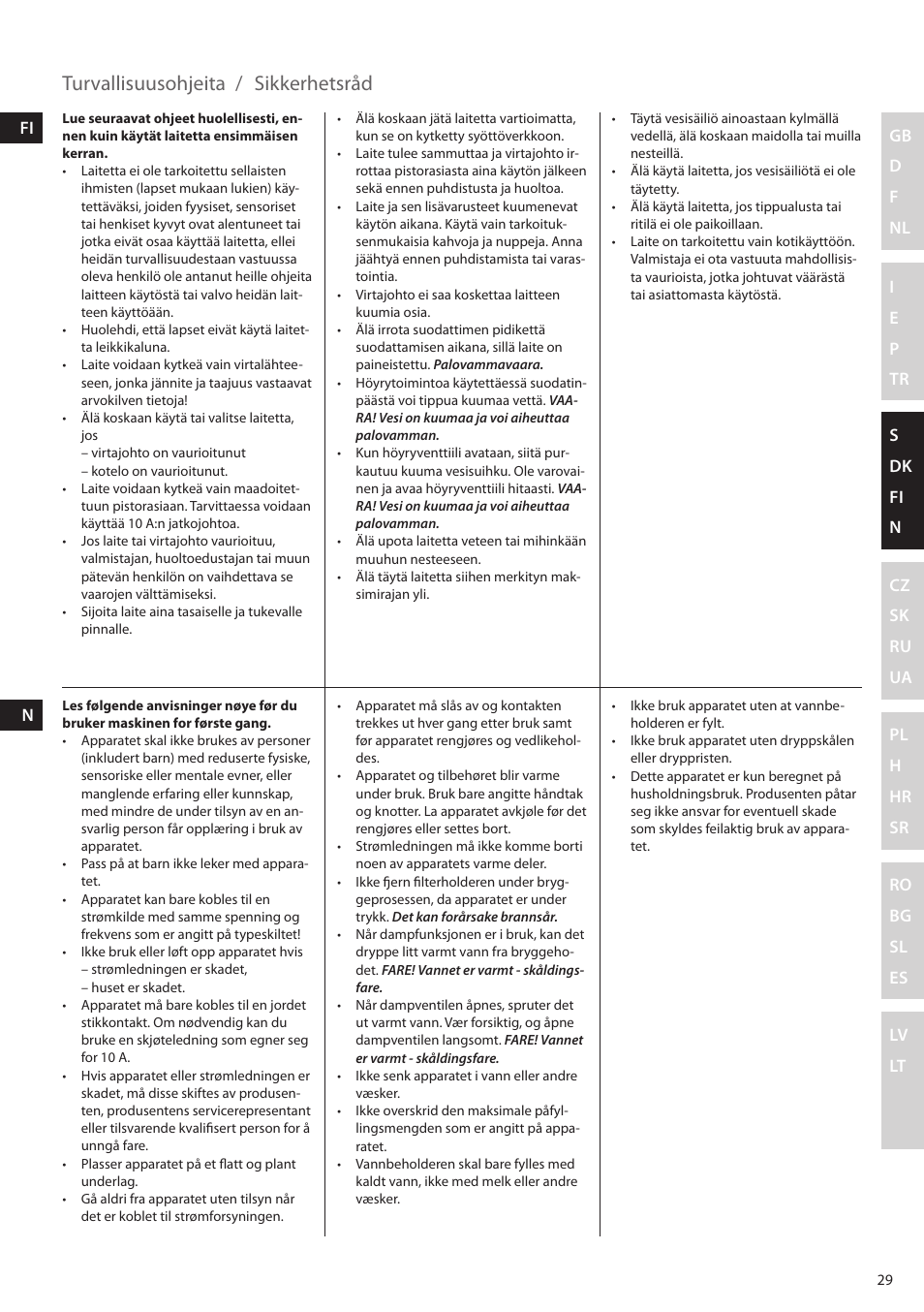 Turvallisuusohjeita, Sikkerhetsråd | Electrolux EEA255 User Manual | Page 29 / 88