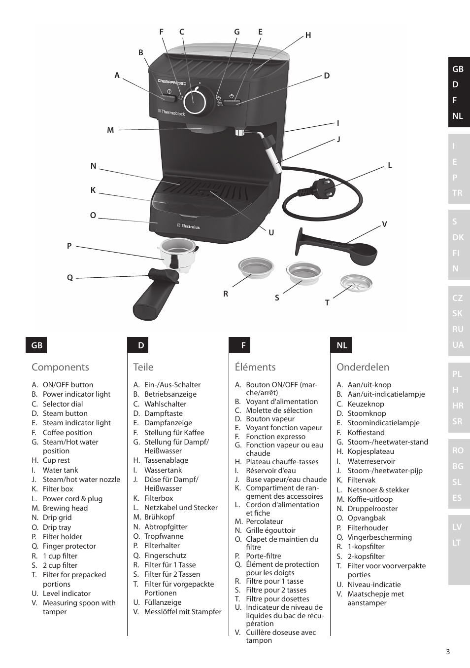 Components, Teile, Éléments | Onderdelen | Electrolux EEA255 User Manual | Page 3 / 88