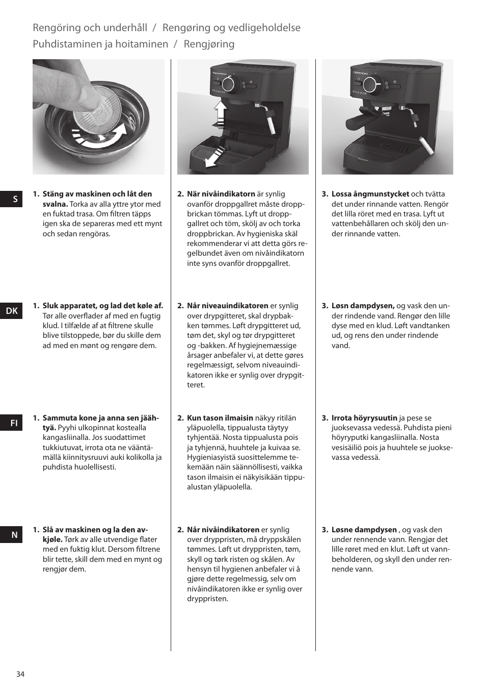 Rengöring och underhåll, Rengøring og vedligeholdelse, Puhdistaminen ja hoitaminen | Rengjøring | Electrolux EEA255 User Manual | Page 34 / 88
