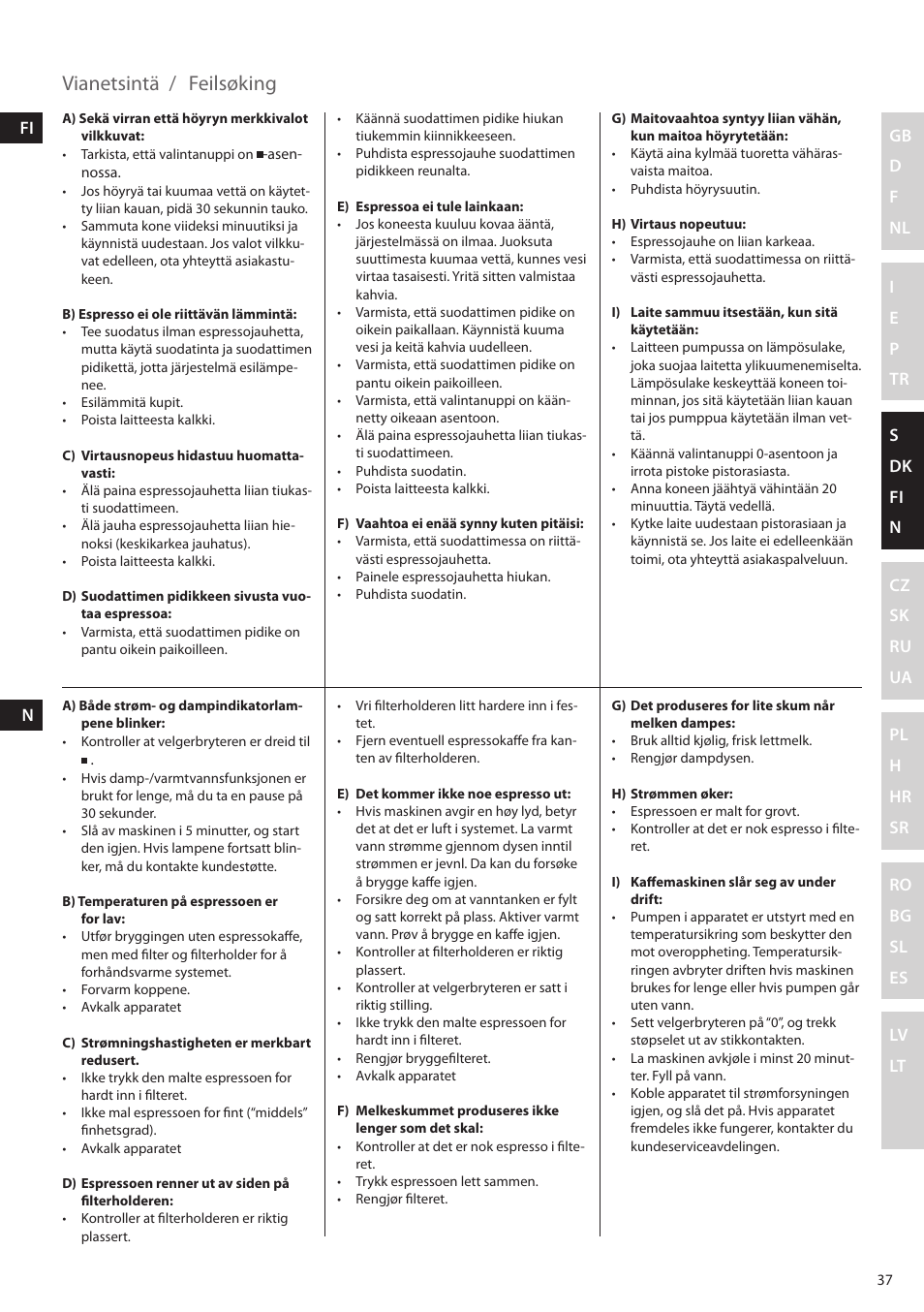 Vianetsintä, Feilsøking | Electrolux EEA255 User Manual | Page 37 / 88