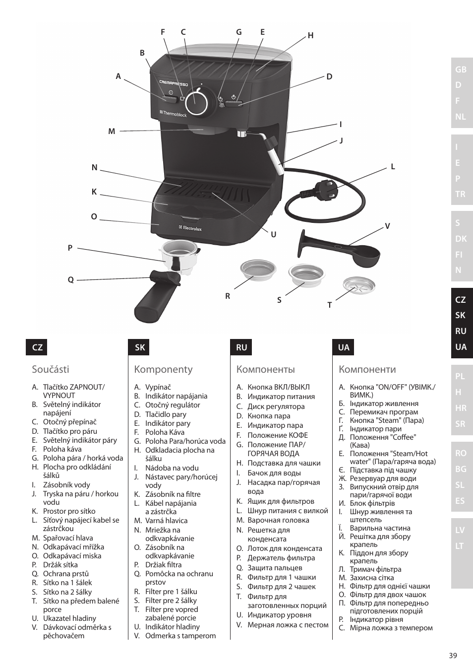 Součásti, Komponenty, Компоненты | Компоненти | Electrolux EEA255 User Manual | Page 39 / 88