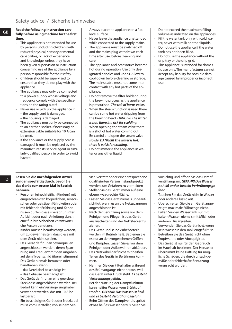 Safety advice, Sicherheitshinweise | Electrolux EEA255 User Manual | Page 4 / 88