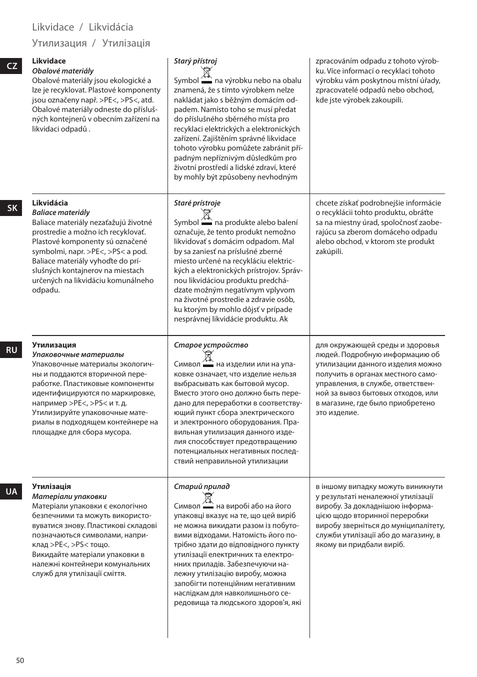 Likvidace, Likvidácia, Утилизация | Утилізація | Electrolux EEA255 User Manual | Page 50 / 88