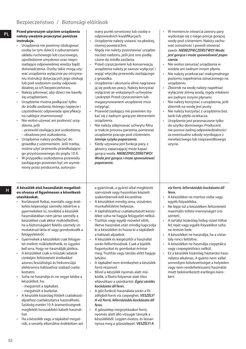 Bezpieczeństwo, Biztonsági előírások | Electrolux EEA255 User Manual | Page 52 / 88
