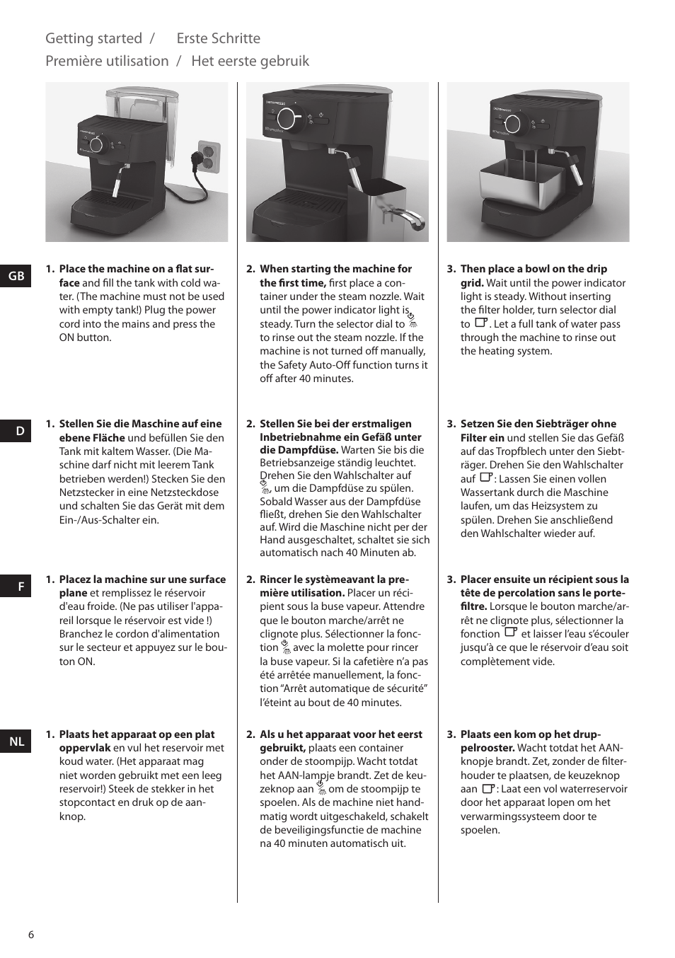 Getting started, Erste schritte, Première utilisation | Het eerste gebruik | Electrolux EEA255 User Manual | Page 6 / 88