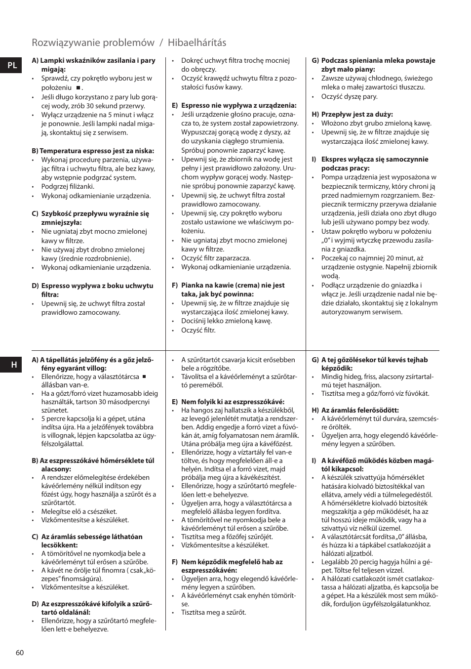 Rozwiązywanie problemów, Hibaelhárítás | Electrolux EEA255 User Manual | Page 60 / 88