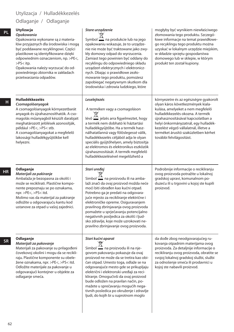 Utylizacja, Hulladékkezelés, Odlaganje | Electrolux EEA255 User Manual | Page 62 / 88