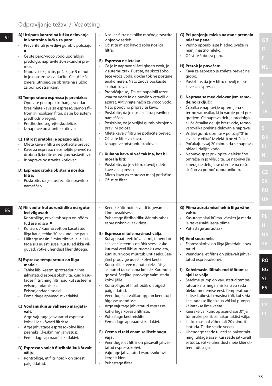 Odpravljanje težav, Veaotsing | Electrolux EEA255 User Manual | Page 73 / 88