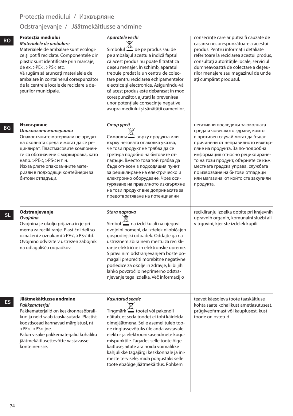 Protecţia mediului, Изхвърляне, Odstranjevanje | Jäätmekäitlusse andmine | Electrolux EEA255 User Manual | Page 74 / 88