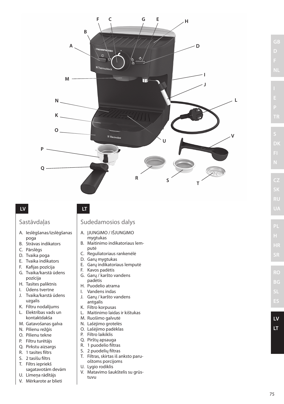 Sastāvdaļas, Sudedamosios dalys | Electrolux EEA255 User Manual | Page 75 / 88