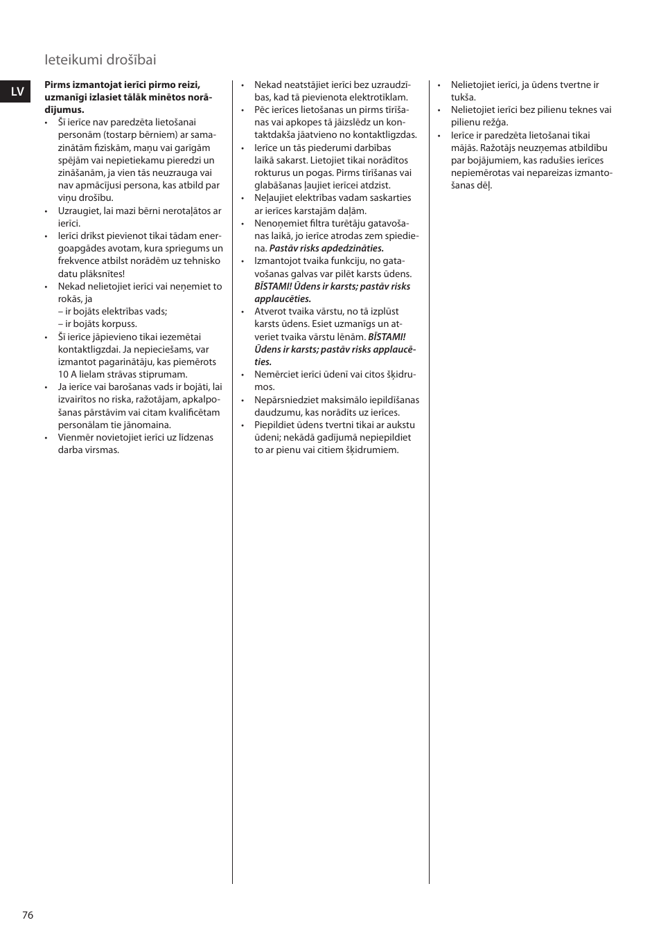 Ieteikumi drošībai | Electrolux EEA255 User Manual | Page 76 / 88