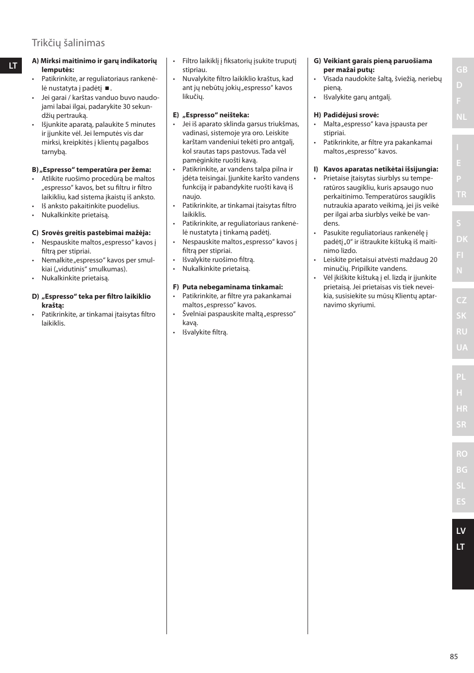 Trikčių šalinimas | Electrolux EEA255 User Manual | Page 85 / 88