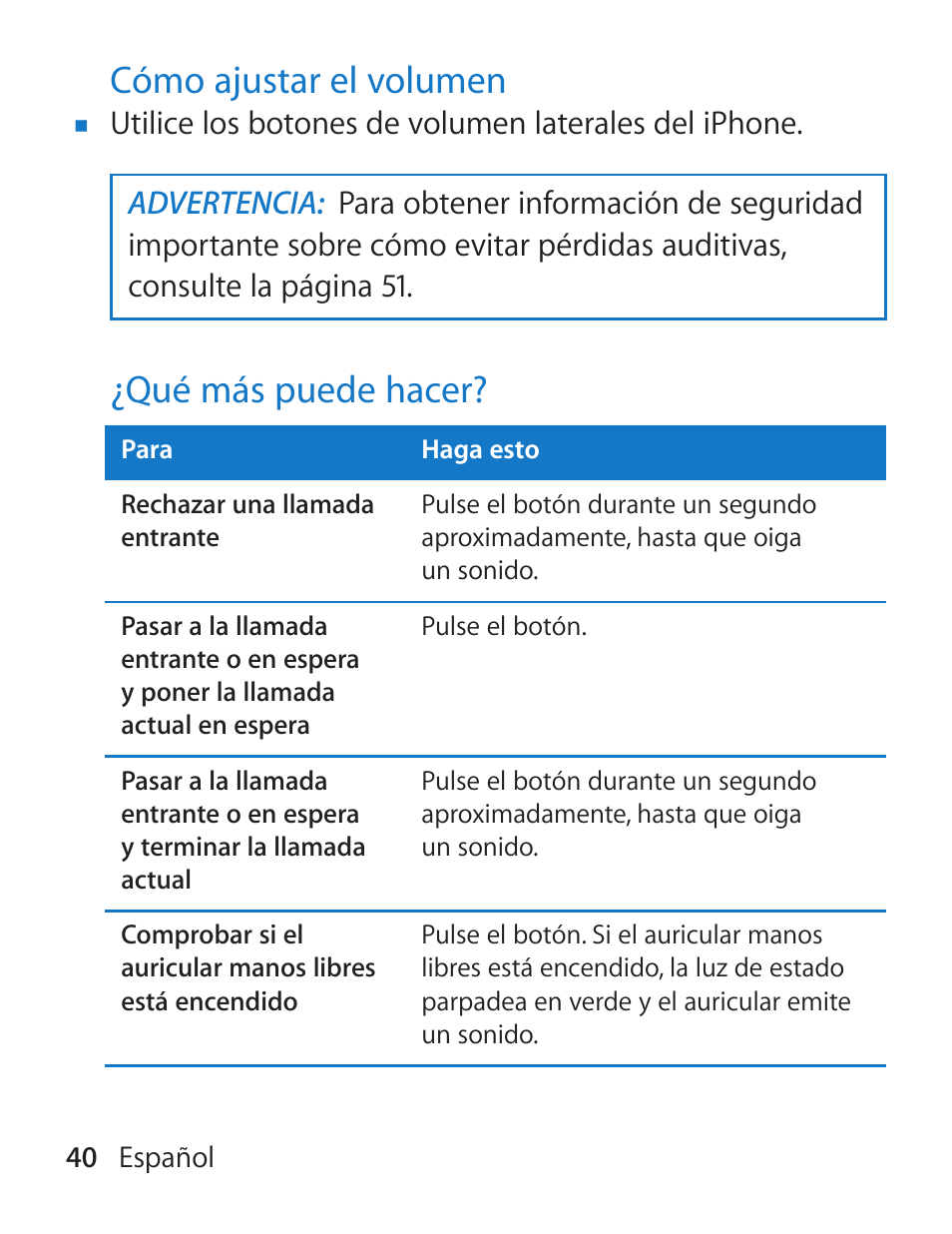Cómo ajustar el volumen, Qué más puede hacer | Apple iPhone Bluetooth Headset User Manual | Page 40 / 60