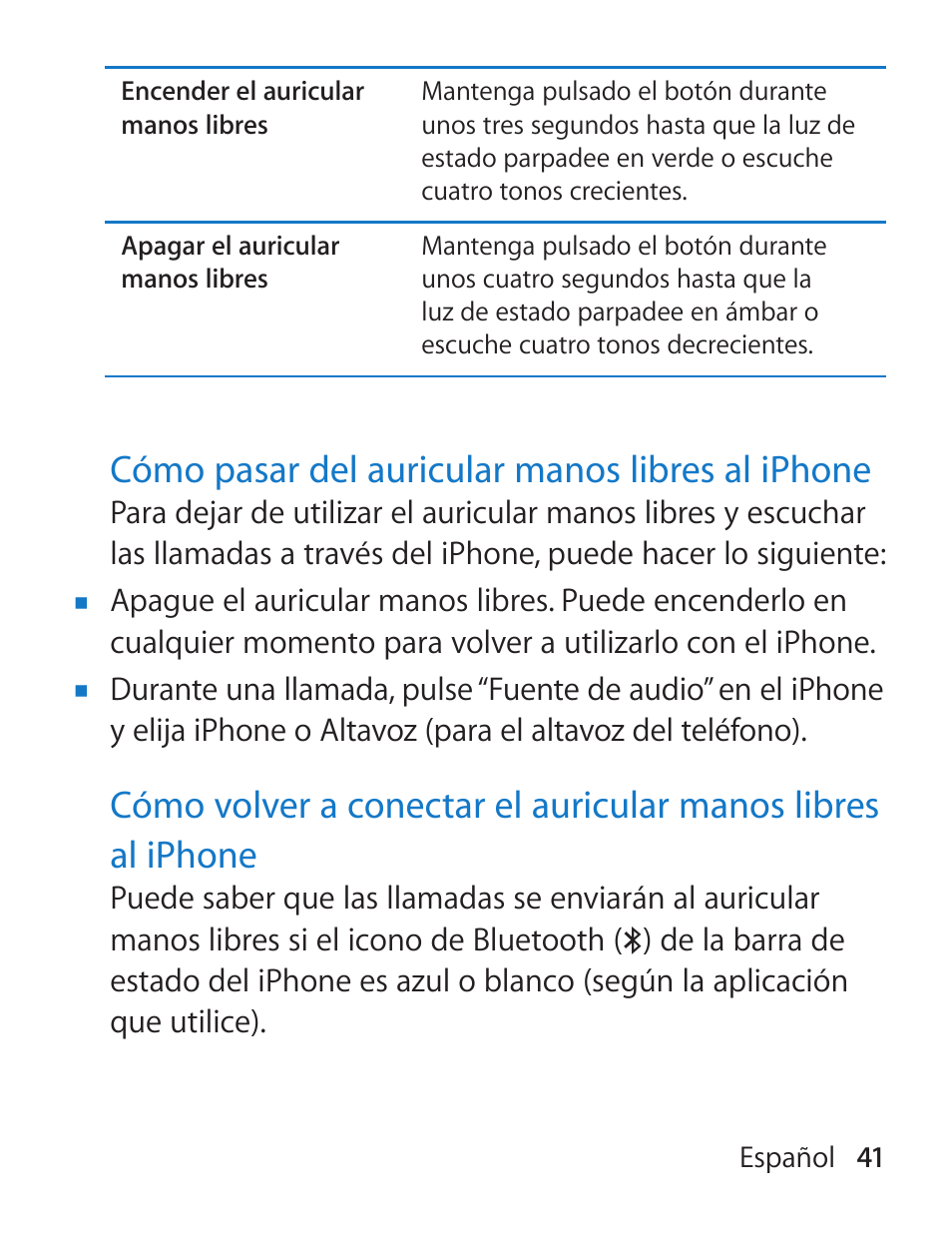 Cómo pasar del auricular manos libres al iphone | Apple iPhone Bluetooth Headset User Manual | Page 41 / 60