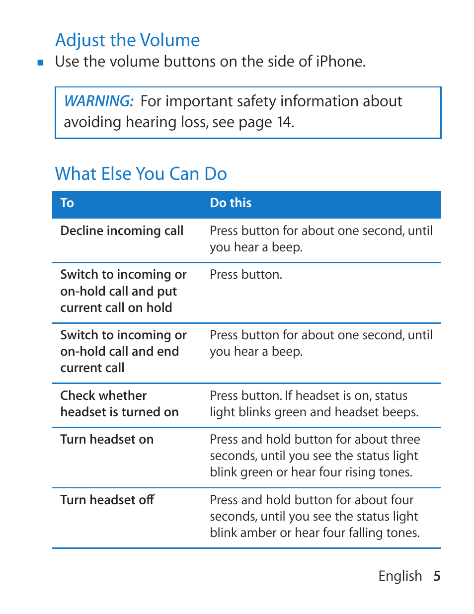 Adjust the volume, What else you can do | Apple iPhone Bluetooth Headset User Manual | Page 5 / 60