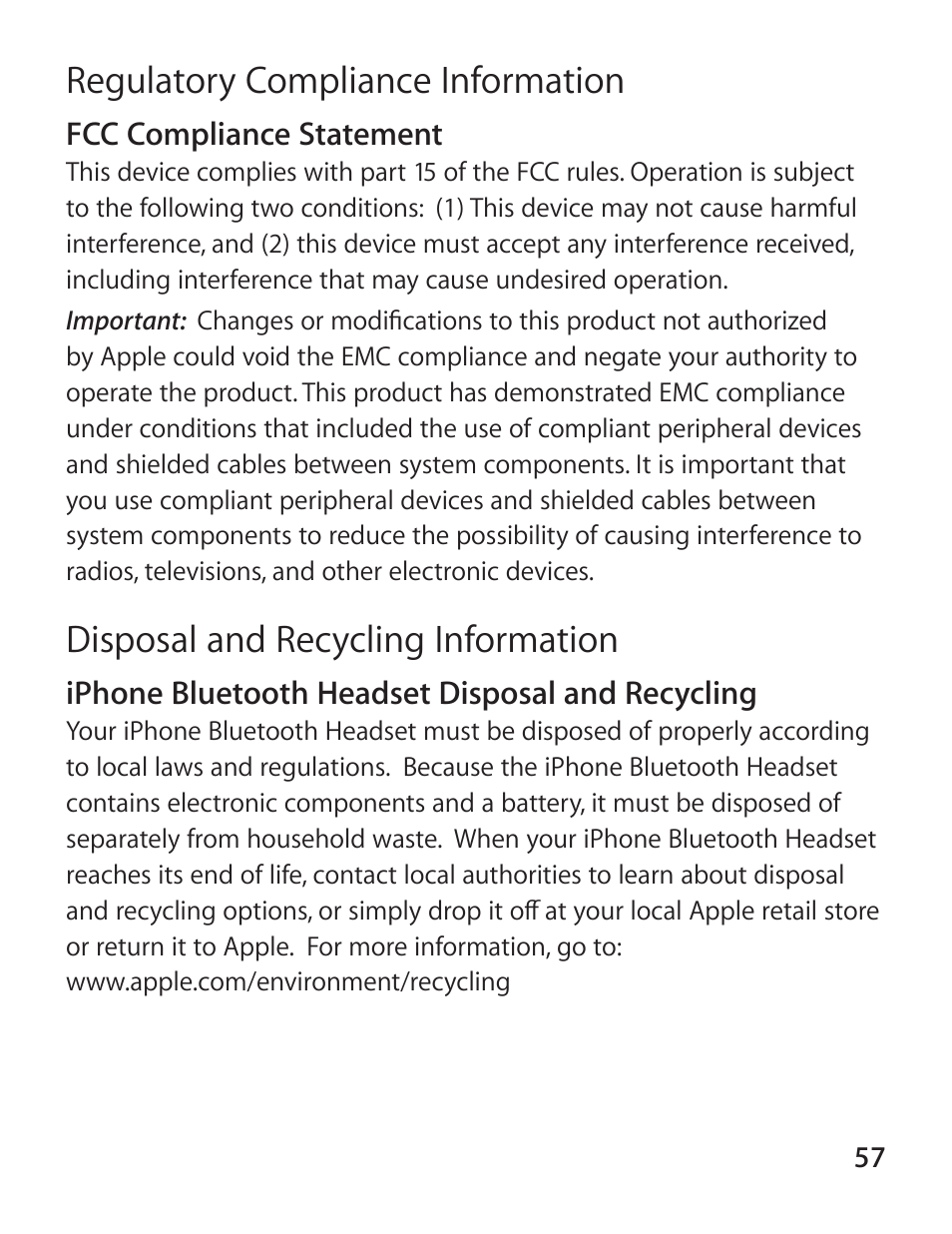 Apple iPhone Bluetooth Headset User Manual | Page 57 / 60