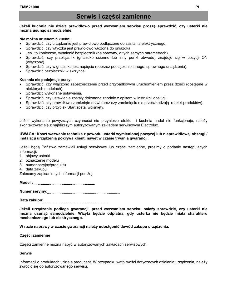 Serwis i części zamienne | Electrolux EMM21000W User Manual | Page 110 / 180