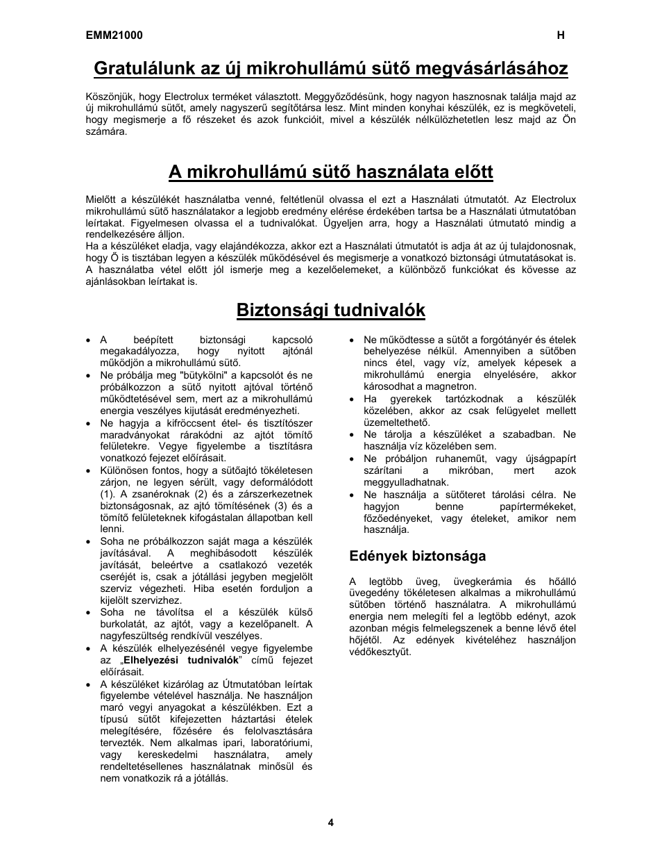 A mikrohullámú sütő használata előtt, Biztonsági tudnivalók, Edények biztonsága | Electrolux EMM21000W User Manual | Page 125 / 180