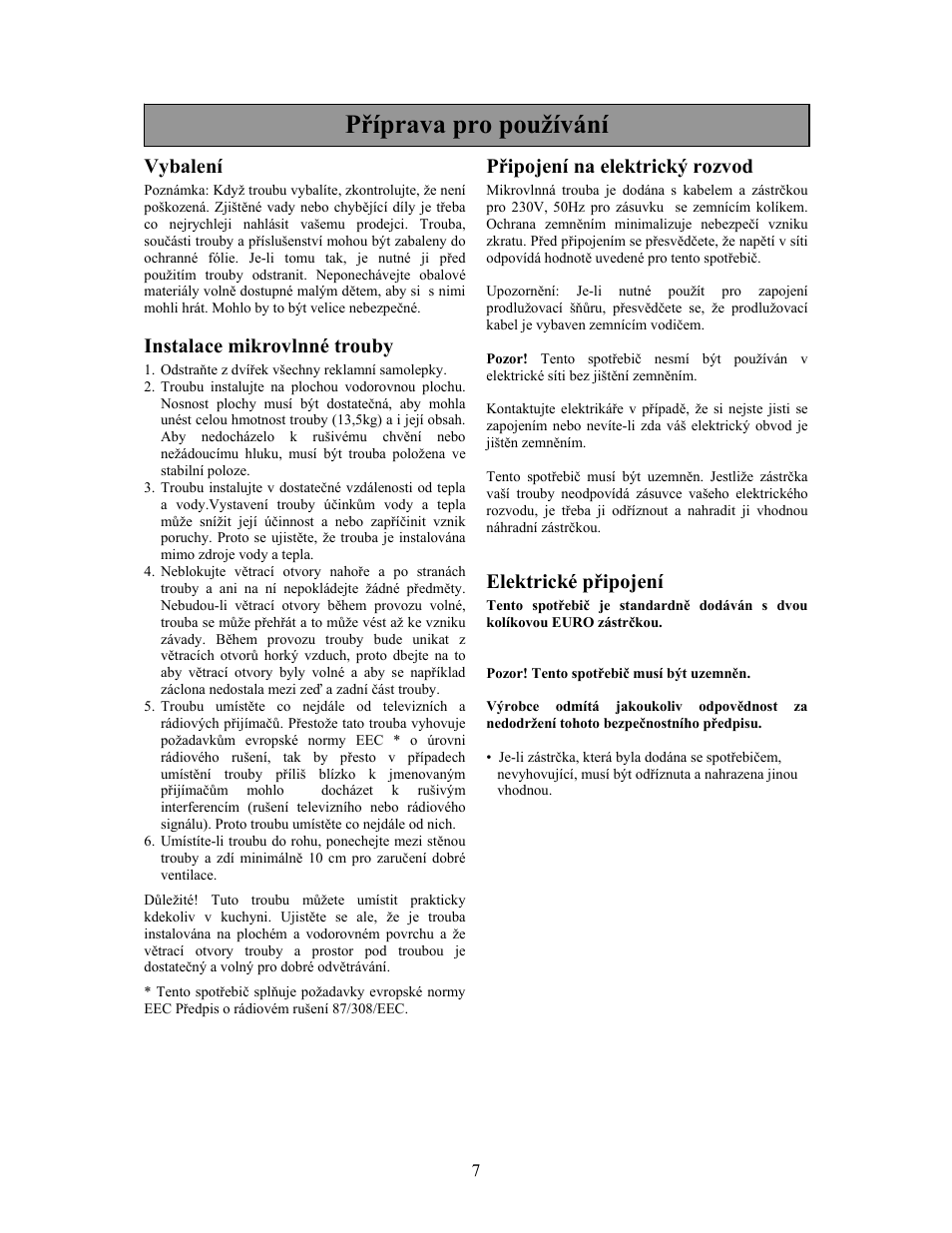 Příprava pro používání, Vybalení, Instalace mikrovlnné trouby | Připojení na elektrický rozvod, Elektrické připojení | Electrolux EMM21000W User Manual | Page 140 / 180