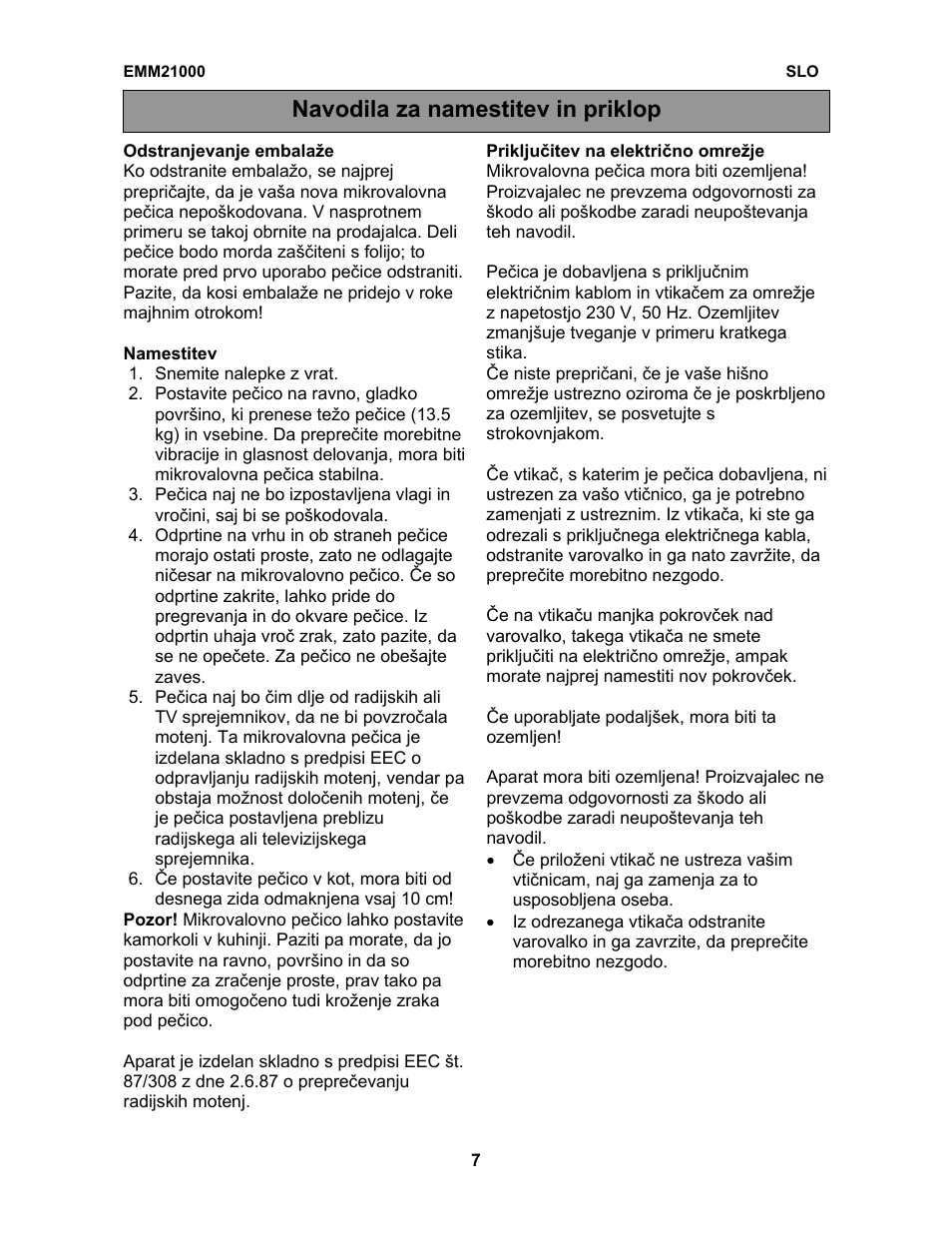 Navodila za namestitev in priklop | Electrolux EMM21000W User Manual | Page 154 / 180