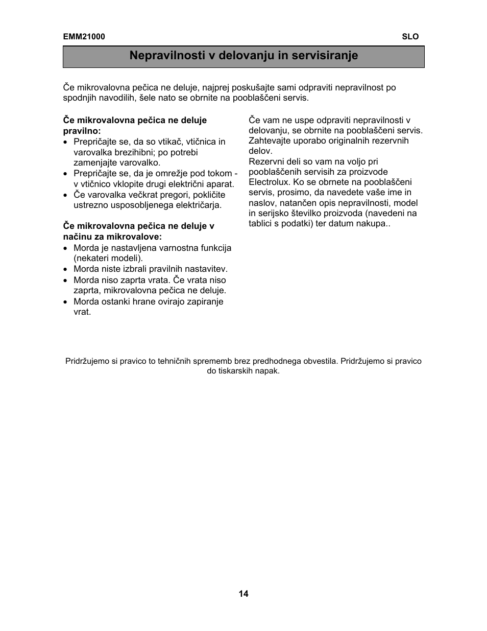 Nepravilnosti v delovanju in servisiranje | Electrolux EMM21000W User Manual | Page 161 / 180