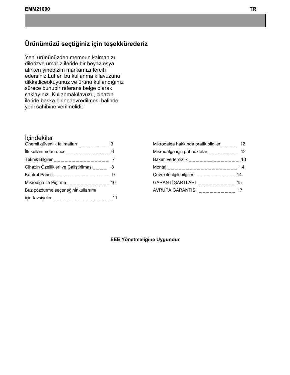 Ürünümüzü seçtiğiniz için teşekkürederiz, Içindekiler | Electrolux EMM21000W User Manual | Page 162 / 180