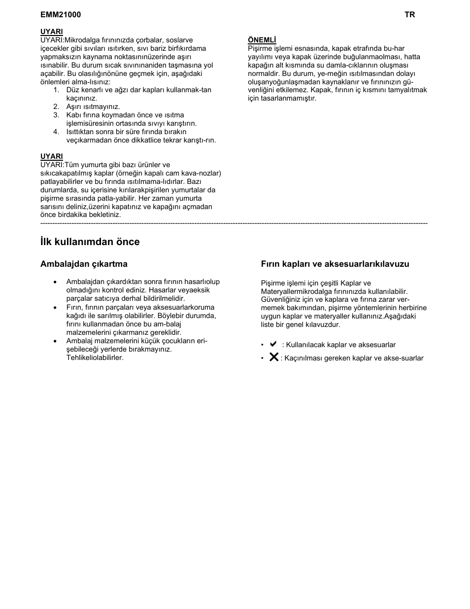 Ilk kullanımdan önce | Electrolux EMM21000W User Manual | Page 166 / 180