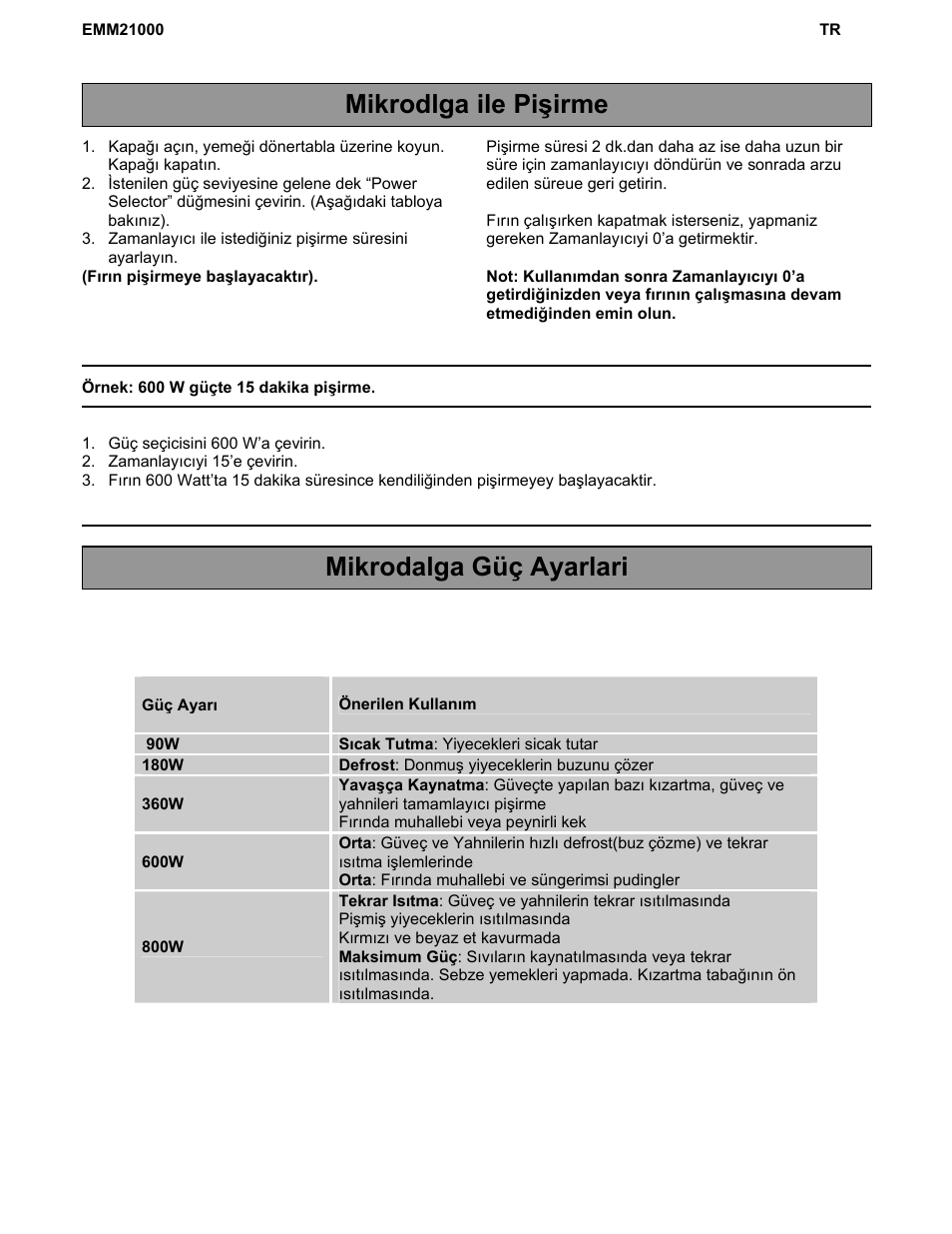 Mikrodlga ile pişirme mikrodalga güç ayarlari | Electrolux EMM21000W User Manual | Page 170 / 180